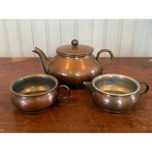 Tagus Portugal Copper Tea Set with Teapot Creamer and Sugar Bowl